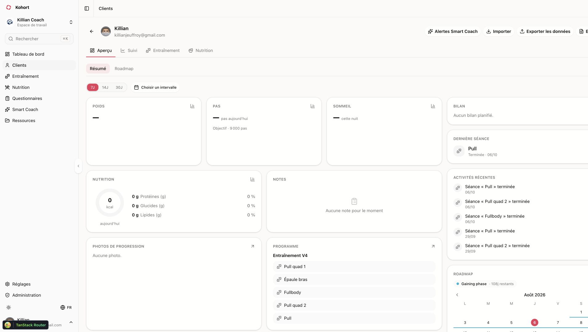 Capture réelle de la fiche client du dashboard coach Kohord