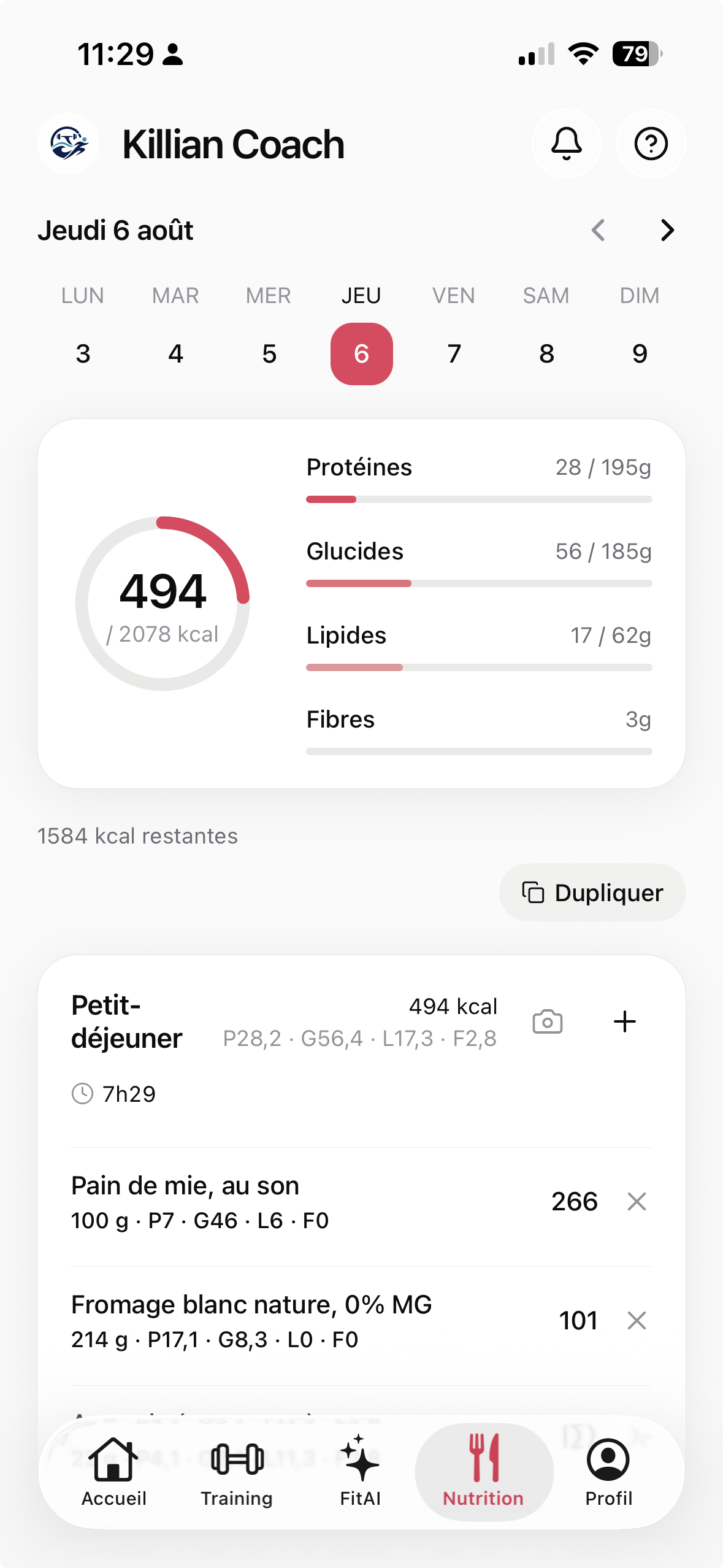 Capture réelle de l'écran Nutrition de l'application Kohord